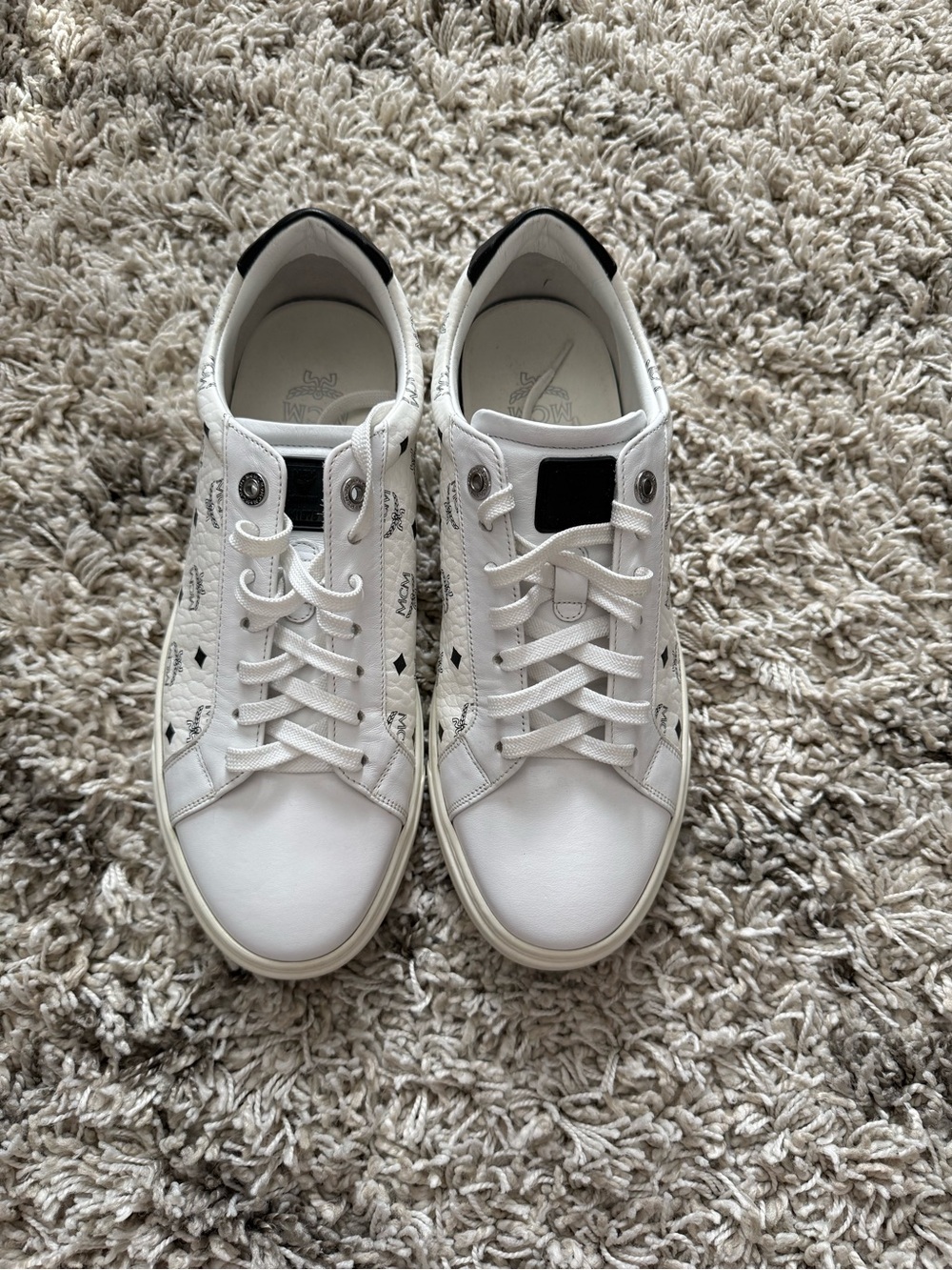 MCM Terrain Sneakers In Visetos 
White Low-Top Logo-Print Sneakers